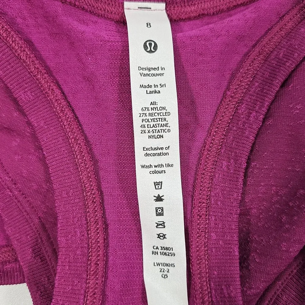 Lululemon Women Vivid Plum Purple Swiftly Tech Racerback Tank Race Length Top 8